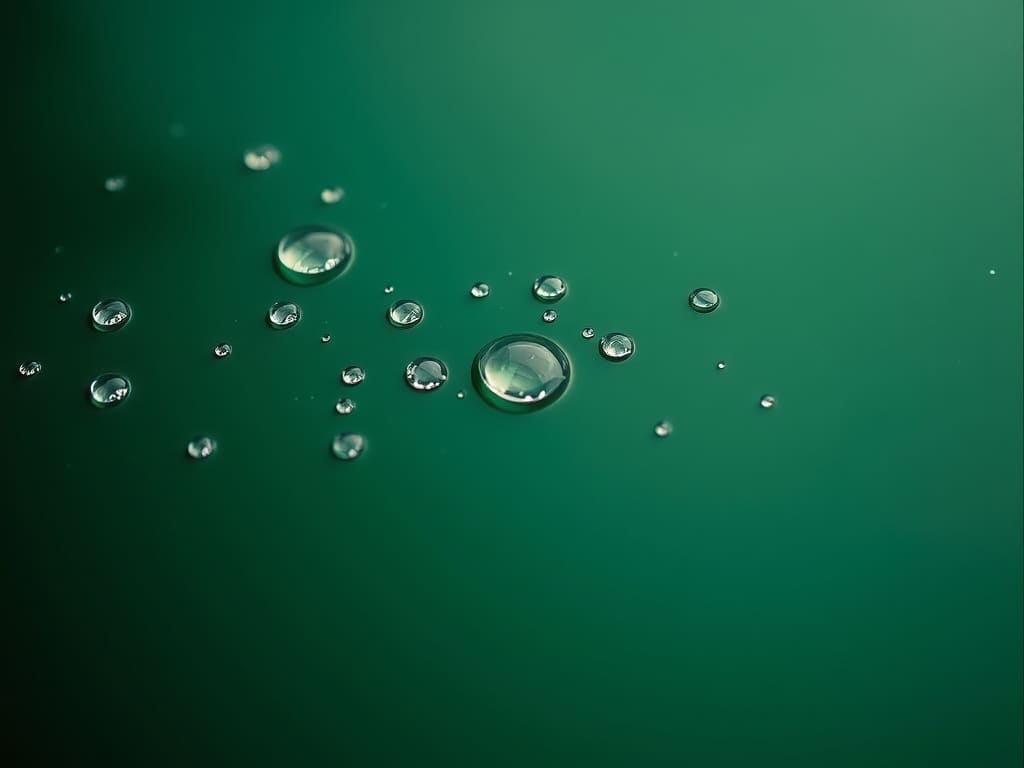 Water droplets beading on green paint