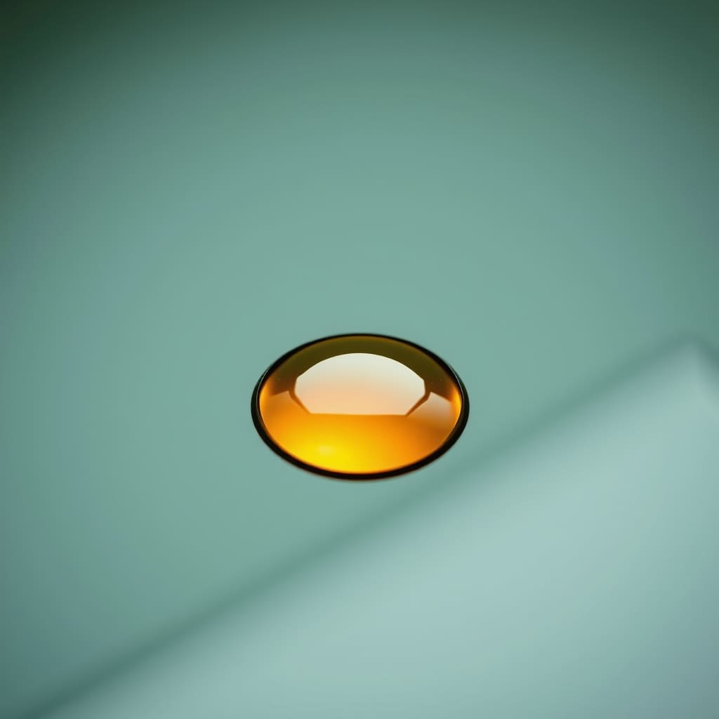 A single amber droplet on pale green paint