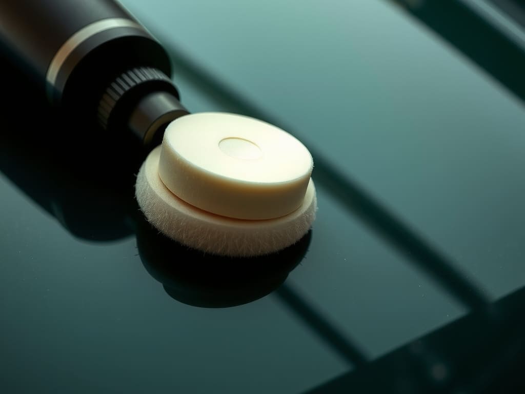 Polishing pad resting on glossy dark paint